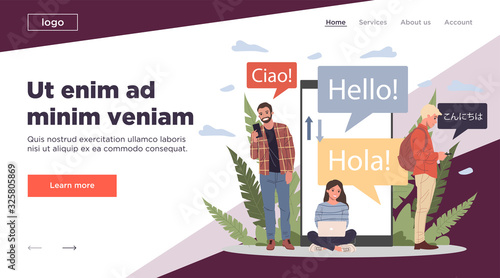Online multi language translator flat vector illustration. Smartphone with translation app. People learning foreign language via mobile service concept.