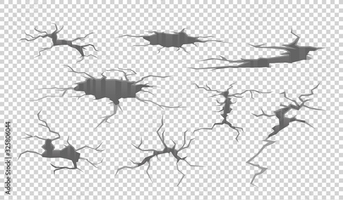 Cracks vector realistic illustrations set. Ruined wall, destruction, damaged ground surface, earthquake consequences. 3D fractures, fissures collection isolated on transparent background.