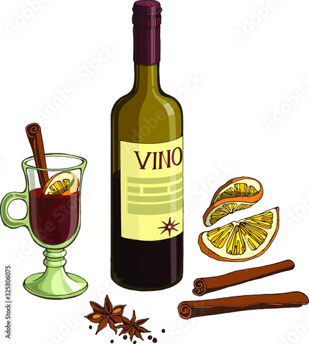Vector set : ingredients for mulled wine . Glass and bottle with red wine , sticks and stars of cinnamon and slices of orange. Isolated on white elements for winter holiday food design with alcohol .