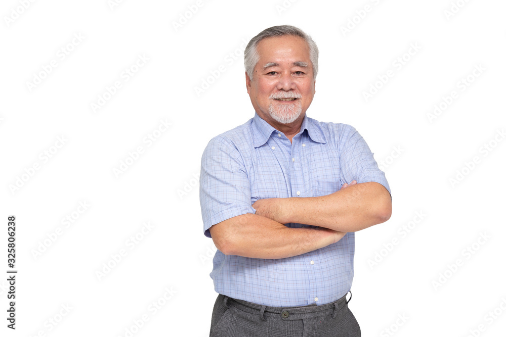 Portrait of senior asian man with arms crossed and smile isolated over white background, Mature businessman smiling and looking at camera, Happy feeling concept Portrait of senior asian man with arms crossed and smile isolated over white background, Mature businessman smiling and looking at camera, Happy feeling concept