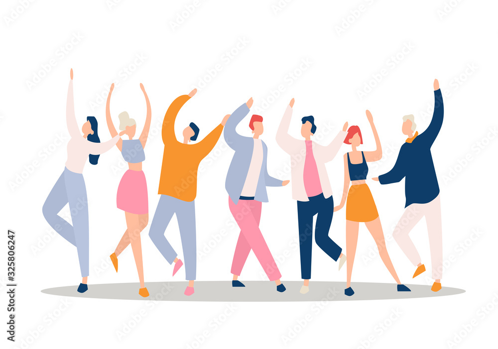 Fototapeta premium Dance party flat vector illustration. Night club, holiday, active leisure, recreation. Dancers raising hands, young people group dancing together faceless characters isolated on white background.