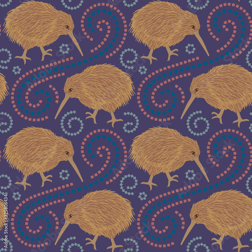Seamless pattern of kiwi bird with ethnic ornament elements. Repetitive textile vector print, wallpaper design.