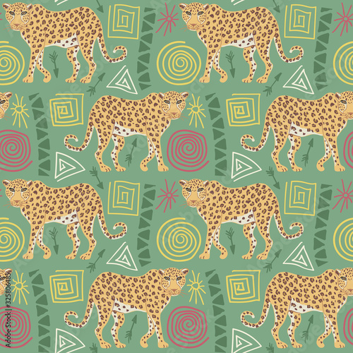 Seamless pattern of leopard with ethnic ornament elements. Repeatable textile vector print, wallpaper design.