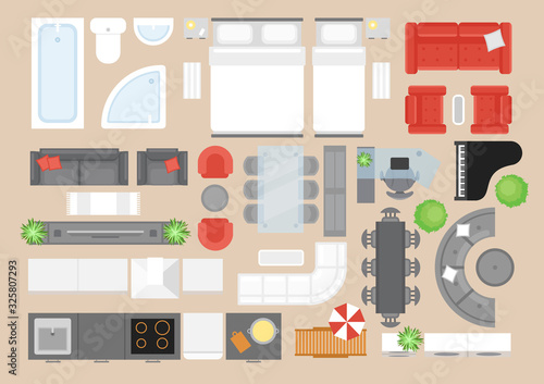 Apartment furniture flat vector illustrations set. Modern style house interior decor design elements pack. Contemporary bedroom, bathroom, kitchen and living room furnishing items top view.