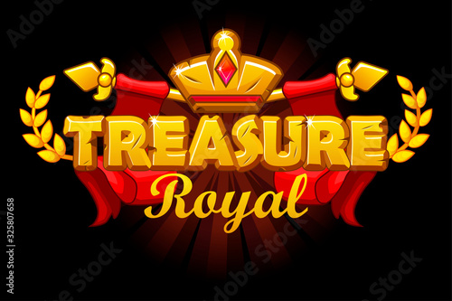 Royal treasures banner with golden crown and logo.