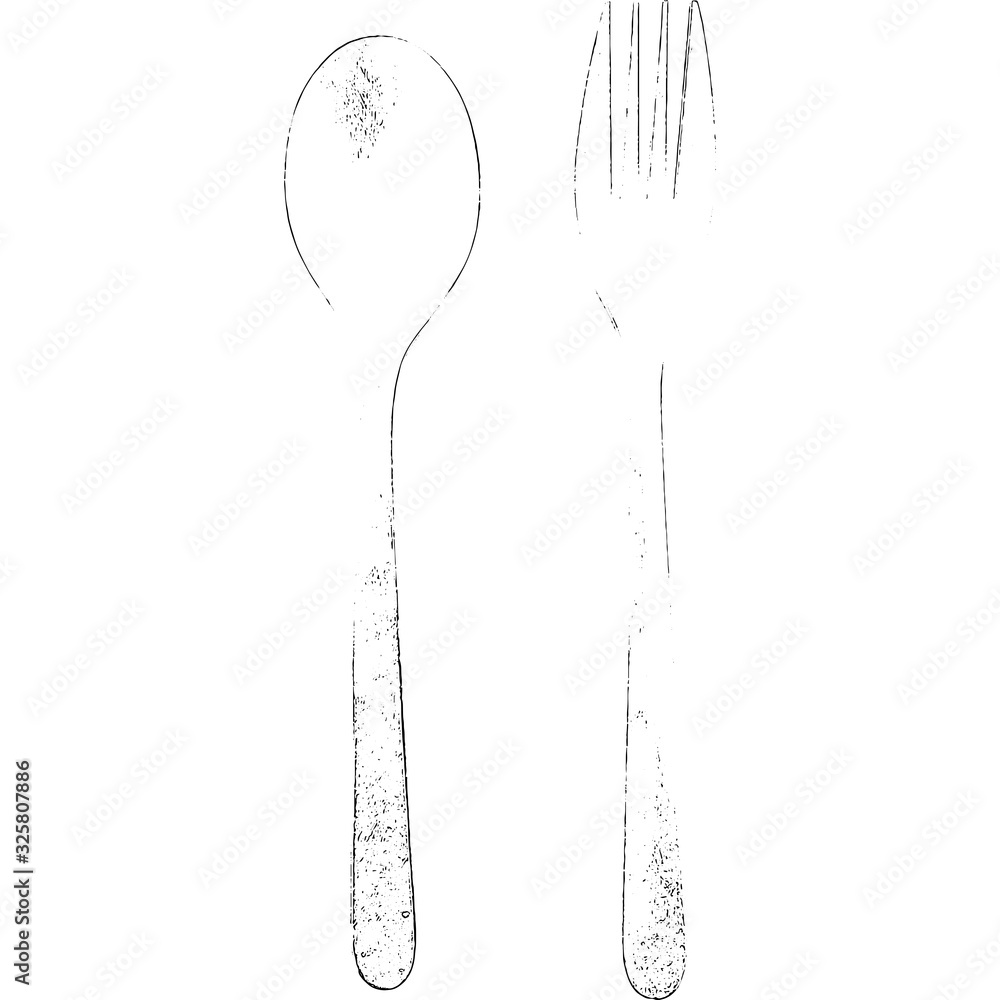 High contrast illustration of a fork and a spoon on a white background High contrast illustration of a fork and a spoon on a white background