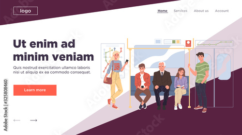 Men and women standing in subway vector illustration. City dwellers using public transport. People commuting in metro, passengers in underground train car