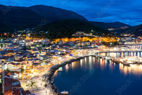 Panoramic night view of Parga city in Greece