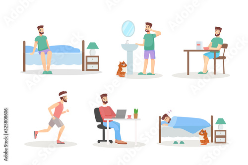 Man day routine flat vector illustrations set. Morning, day and evening. Hygienic procedures, sports activity and work, night rest. Young guy characters in cartoon style isolated collection.