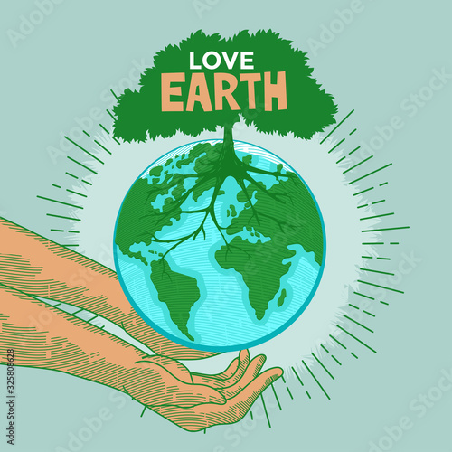 Happy Mother Earth Day Greeting Card Vector Illustration with Earth Map and green nature background