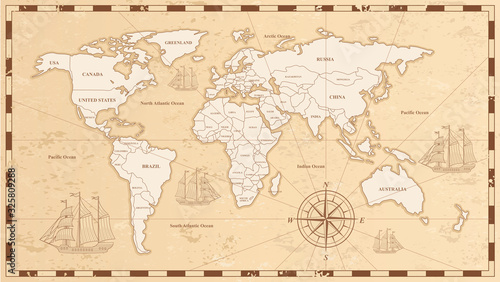 Old world map flat vector illustration. Ancient parchment with countries and oceans names. Vintage document with continents, ships and wind rose drawings. Worldwide geography exploration.