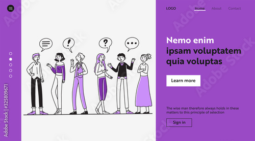 Group of people talking to each other. Men and women chatting with dialog bubbles and gestures. Vector illustration for communication, conversation, discussion concept