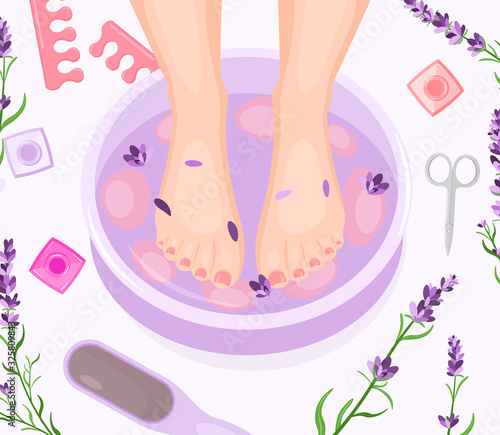 Foot bath, pedicure flat vector illustration. Woman feet in water and cosmetic equipment closeup top view. Female cosmetology, beauty treatment, skin care. Spa salon service, body care.