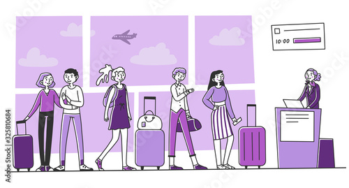 Line of tourists at airport check in counter. Queue of passengers waiting for registration to their flight. Vector illustration for tourism, trip, transportation concept
