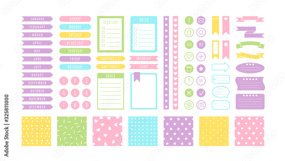 Pastel stickers flat vector illustrations set. Calendar and notebook items. Bookmarks and reminders, cute backdrops. Message text space and speech clouds collection isolated on white background.