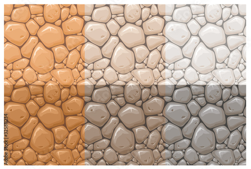 Stone surface vector seamless patterns set. Multicolor rocks, cobblestone textures collection. Orange, brown and grey stone wall background. Vintage wallpaper, creative textile print design.