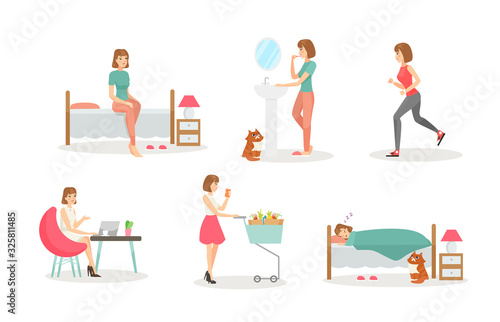 Woman day routine flat vector illustrations set. Morning procedures, daily activity and evening. Hygiene and sports, work and shopping, night rest. Young girl isolated cartoon characters collection.