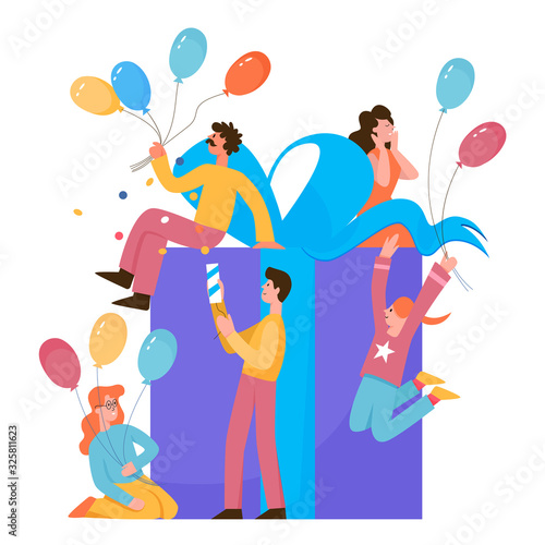 Happy young people sit on big wrapped present box  have fun with crackers balloons  exploding party poppers with confetti  celebrate birthday  isolated on white background  vector cartoon illustration