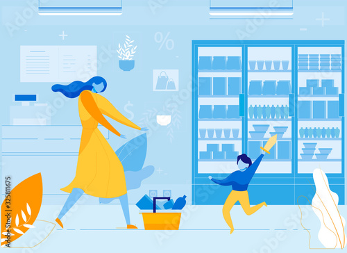 Angry Miserable Mother Trying to Calm Down Raging Child Screaming Loudly and Behaving Indecent at Shopping Mall,Supermarket. Hyperactivity Children Problems. Flat Cartoon Vector Illustration.