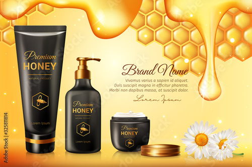 Honey skincare serum organic product ads with honeycombs with golden sample text. Intensive anti age skin care cosmetic moisturizer, natural beauty advertising banner template.