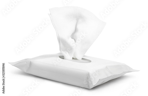 Open wet wipes flow pack, isolated on white background