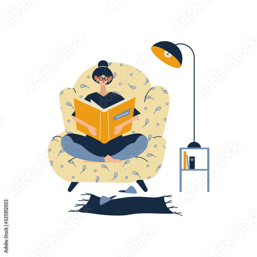 A woman enjoying their hobbies - reading books . A pretty girl is sitting in chair, legs folded, holding a book. Flat cartoon vector illustration on white background.
