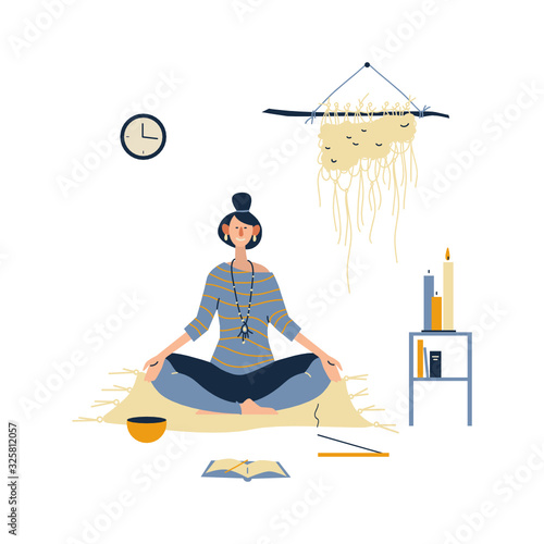 Young woman with crossed legs and closed eyes meditating at home.   Practicing yoga and enjoying meditation. Flat cartoon vector illustration on white background.   