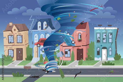 Strong powerful tornado hurricane destroying small town buildings. Natural disaster swirling whirlwind damaging city and cars vector illustration.