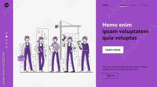 Team of builders working on construction site. Painter, engineer, foreman in helmets holding tools and blueprints at cranes and buildings. Vector illustration for teamwork, labor, occupation