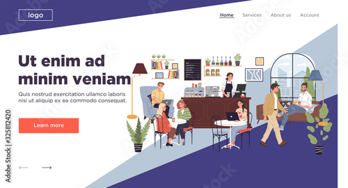 Coffee shop vector illustration. People drinking coffee at tables, using computers. Modern cafe interior image for barista job, coworking concept