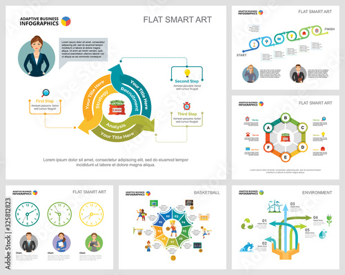 Colorful basketball and ecology concept infographic charts set. Business design elements for presentation slide templates. For corporate report, advertising, leaflet layout and poster design.