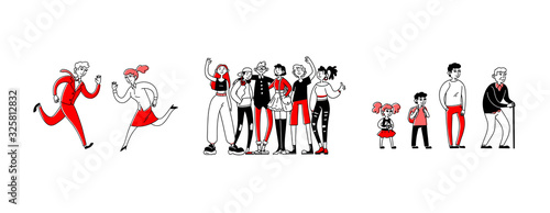 Social groups set. Team of teenagers business couple, different ages. Flat vector illustrations. People, society, demography, gender concept for banner, website design or landing web page