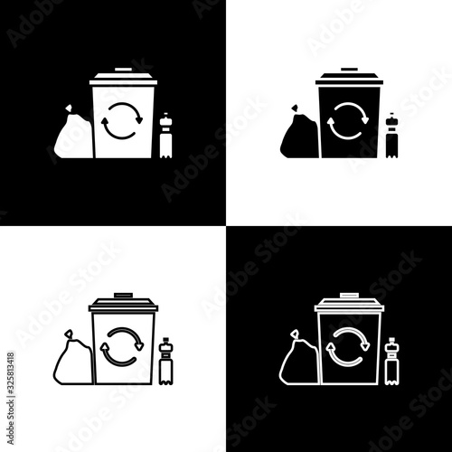 Set Recycle bin with recycle symbol icon isolated on black and white background. Trash can icon. Garbage bin sign. Recycle basket. Vector Illustration