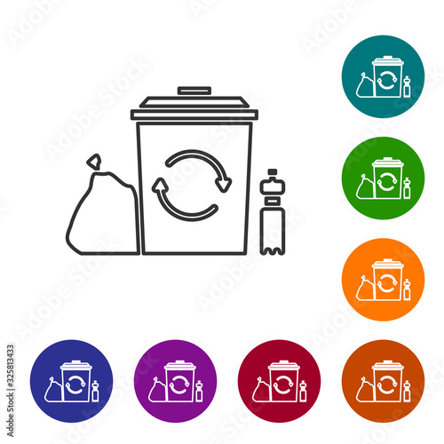 Grey line Recycle bin with recycle symbol icon isolated on white background. Trash can icon. Garbage bin sign. Recycle basket. Set icons in color circle buttons. Vector Illustration