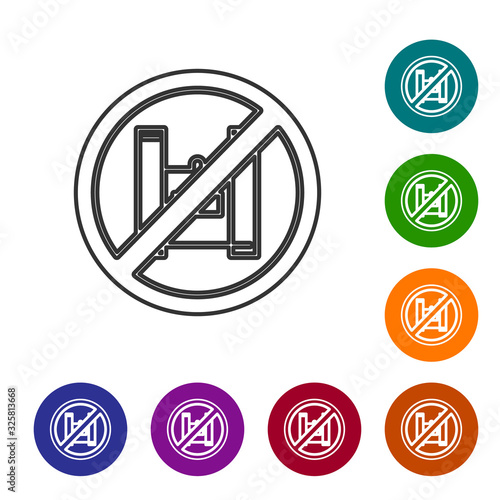 Grey line Say no to plastic bags poster icon isolated on white background. Disposable cellophane and polythene package prohibition sign. Set icons in color circle buttons. Vector Illustration