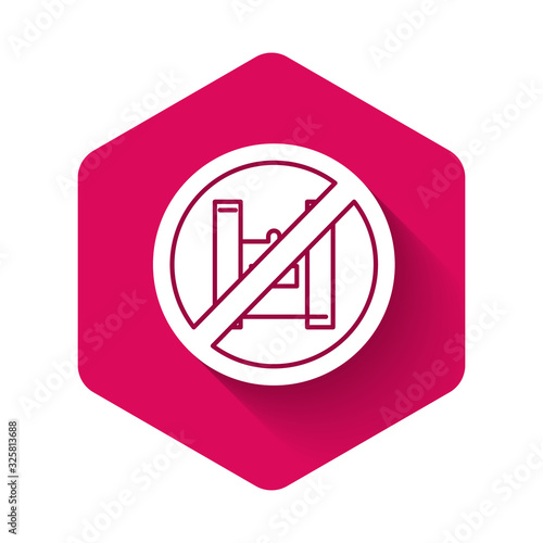 White Say no to plastic bags poster icon isolated with long shadow. Disposable cellophane and polythene package prohibition sign. Pink hexagon button. Vector Illustration