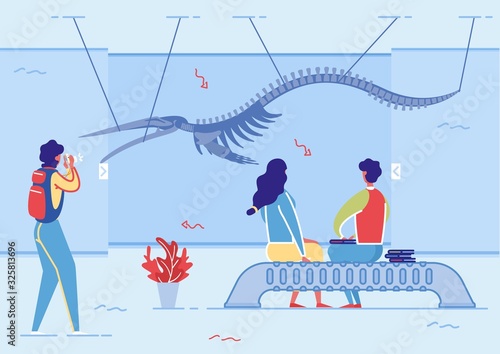Pterodactyl in Exhibition Center Flat Cartoon Vector Illustration. Visitors in History Museum. Women Taking Photos, Exclusive Exhibits. Skeleton in Anthropological Museum. Couple Sitting on Bench.
