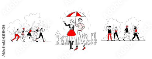 Outdoor activities set. People walking In rain, hiking in park, jogging. Flat vector illustrations. Leisure time outdoors, active lifestyle concept for banner, website design or landing web page