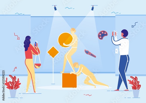 Men with Ball Statue in Art Gallery Museum Room Vector Illustration. Woman Taking Pictures on Mobile Phone. Modern Artwork Collection. Sculpture Exhibition. Visitors Looking at Artwork.