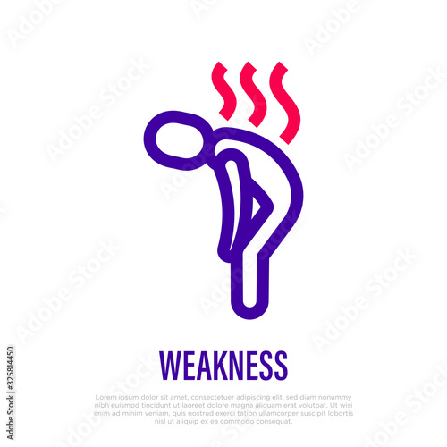 Weakness, fatigue, tiredness. Thin line icon. Symptom of virus, flu, depression. Healthcare and medical vector illustration.