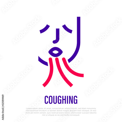 Coughing thin line icon. Symptom of angina, bronchitis, flu, grippe, coronavirus. Healthcare and medical vector illustration.