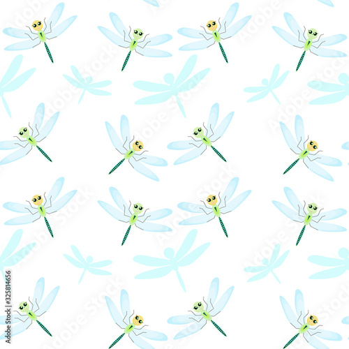 Seamless pattern with dragonflies on white background