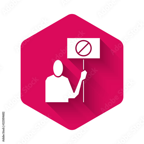 White Nature saving protest icon isolated with long shadow. Earth planet protection, environmental issues demonstration. Pink hexagon button. Vector Illustration