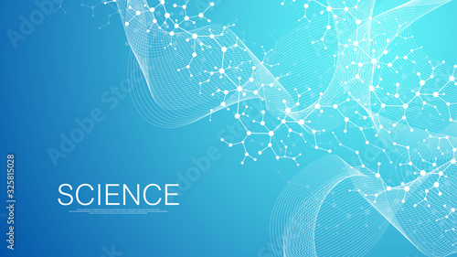 Scientific molecule background for medicine, science, technology, chemistry. Science template wallpaper or banner with a DNA molecules. Dynamic wave flow DNA. Molecular vector illustration.