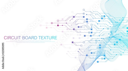 Technology circuit board texture background. Abstract circuit board banner wallpaper. Digital data industry. Engineering electronic motherboard. Wave flow , vector illustration.