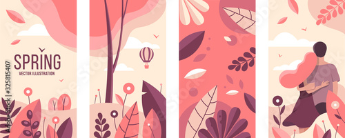 Spring set of illustrations in a flat style with herbs, trees and people. Templates for social networks, banners with space for text.