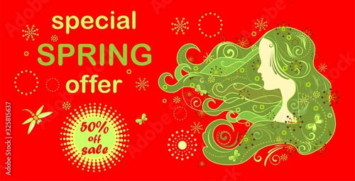 Discount hot red label for spring sale with abstract green nymph profile with floral ornament and offer with yellow sun
