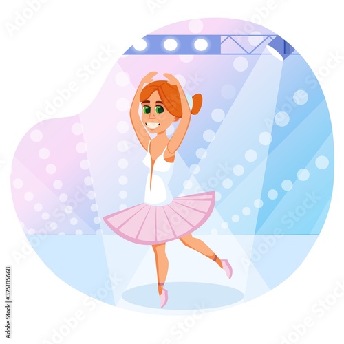Tiny Redhead Ballet Dancer, Wearing Tender Pink Tutu and Pointes, Performing Solo Dance on Stage, with Border Lights, Shining Only for Her Today. Young Charming Prima Donna. Cute Cartoon Character.