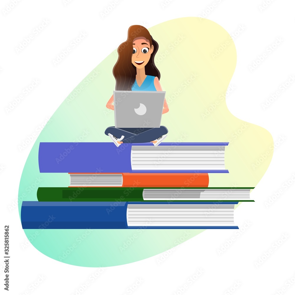 Cartoon Female Student Sitting in Lotuse Pose on Huge Books Stack Study on Laptop, Learn Lesson, Remotely Reads Ebook. Online University Education Technology, E-library. Vector Flat Illustration Cartoon Female Student Sitting in Lotuse Pose on Huge Books Stack Study on Laptop, Learn Lesson, Remotely Reads Ebook. Online University Education Technology, E-library. Vector Flat Illustration