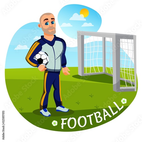 Physical Education Class. Young Teacher, Experienced High School Football Coach, Wearing Uniform, Standing in Green Sports Field by Goal with Ball in Hands. Warm Sunny Day. Cute Cartoon Character.